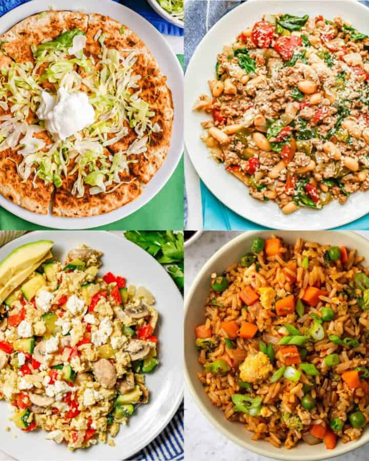 Four photos of different individual dinners.