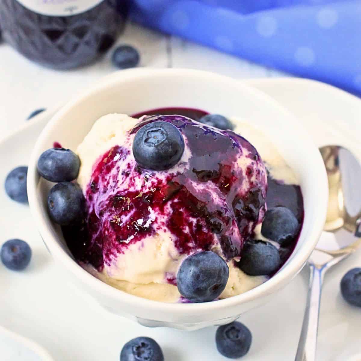 Close up of a small white bowl of vanilla ice cream topped with blueberry sauce and fresh blueberries.