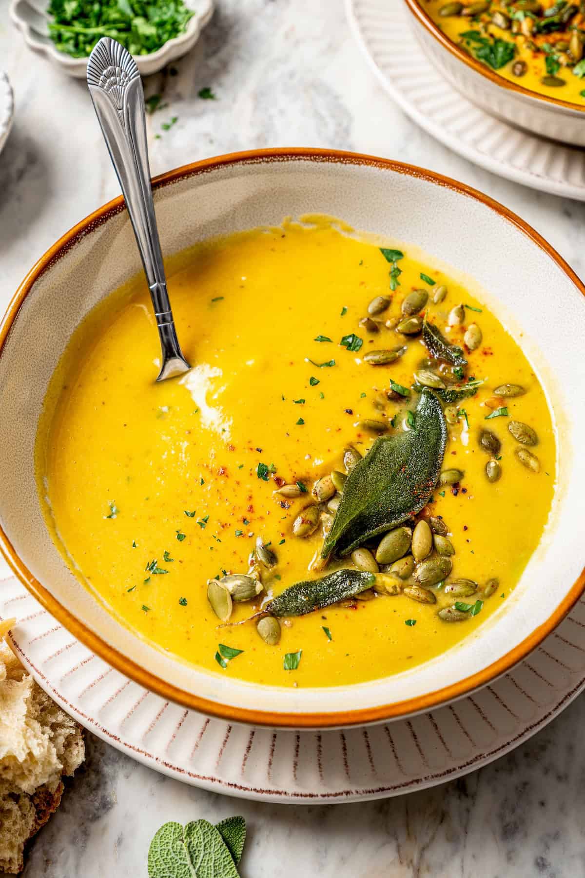 A spoon tucked into a rimmed white low bowl with butternut squash soup topped with pepitas and herbs.