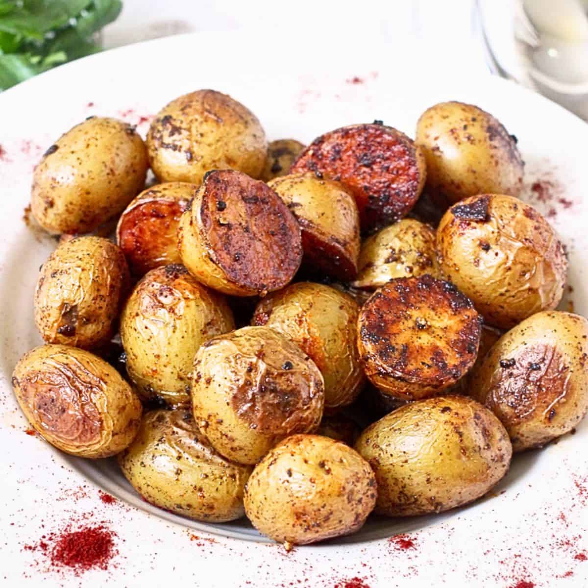 Close up of a white bowl full of roasted paprika seasoned small gold potatoes.