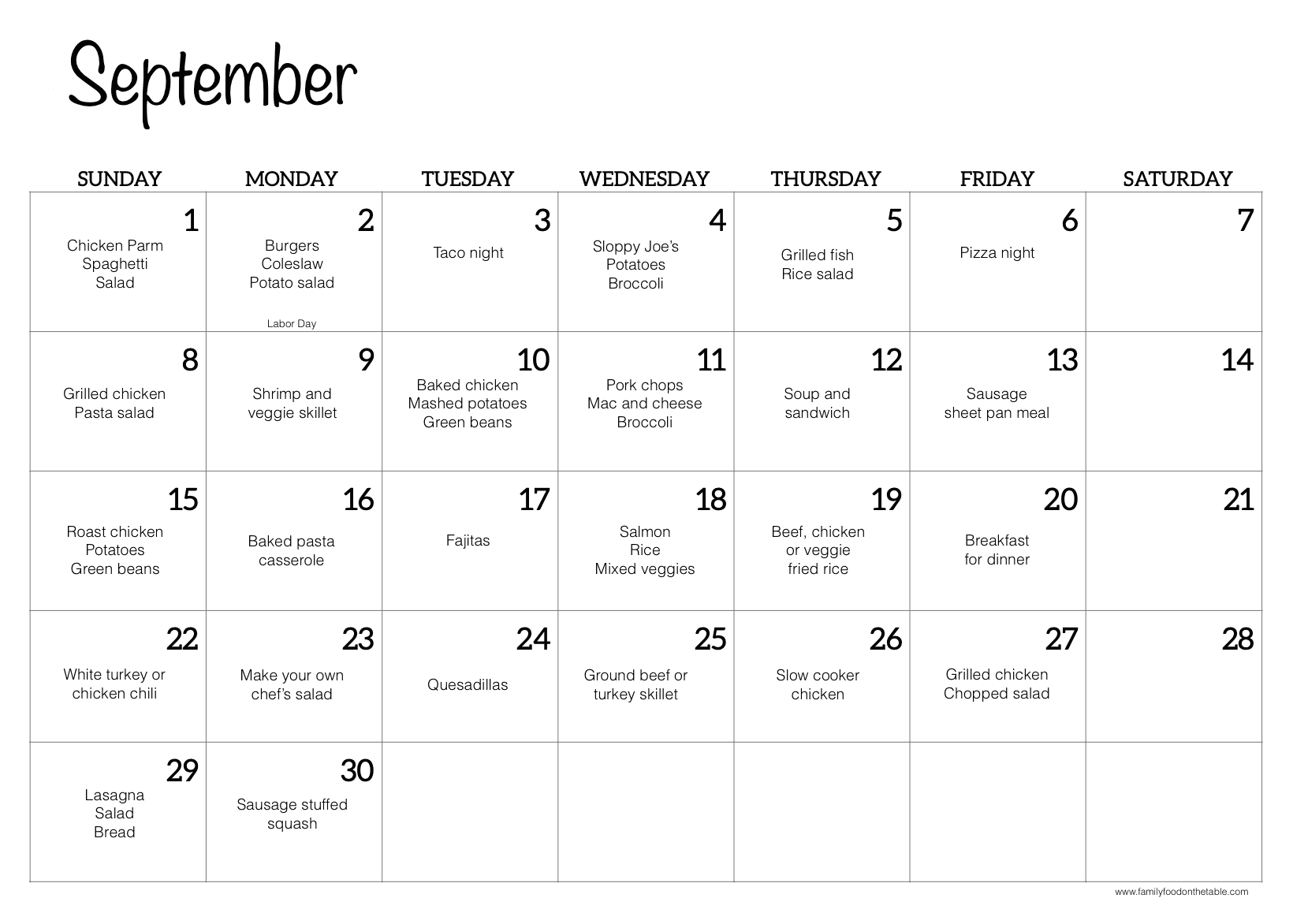 A September calendar with dinner ideas written in for each day of the month.