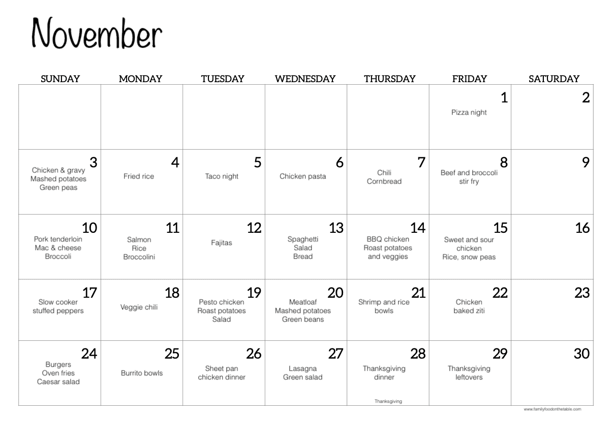 A November calendar with dinner ideas typed in for each day of the month.