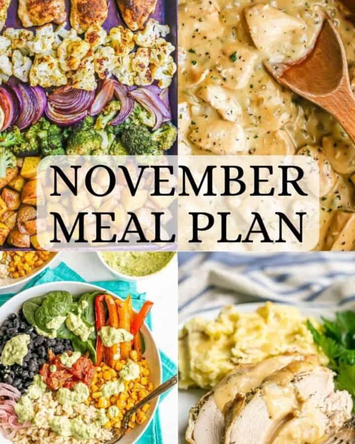 Collage of four dinner ideas with a November meal plan text overlay.