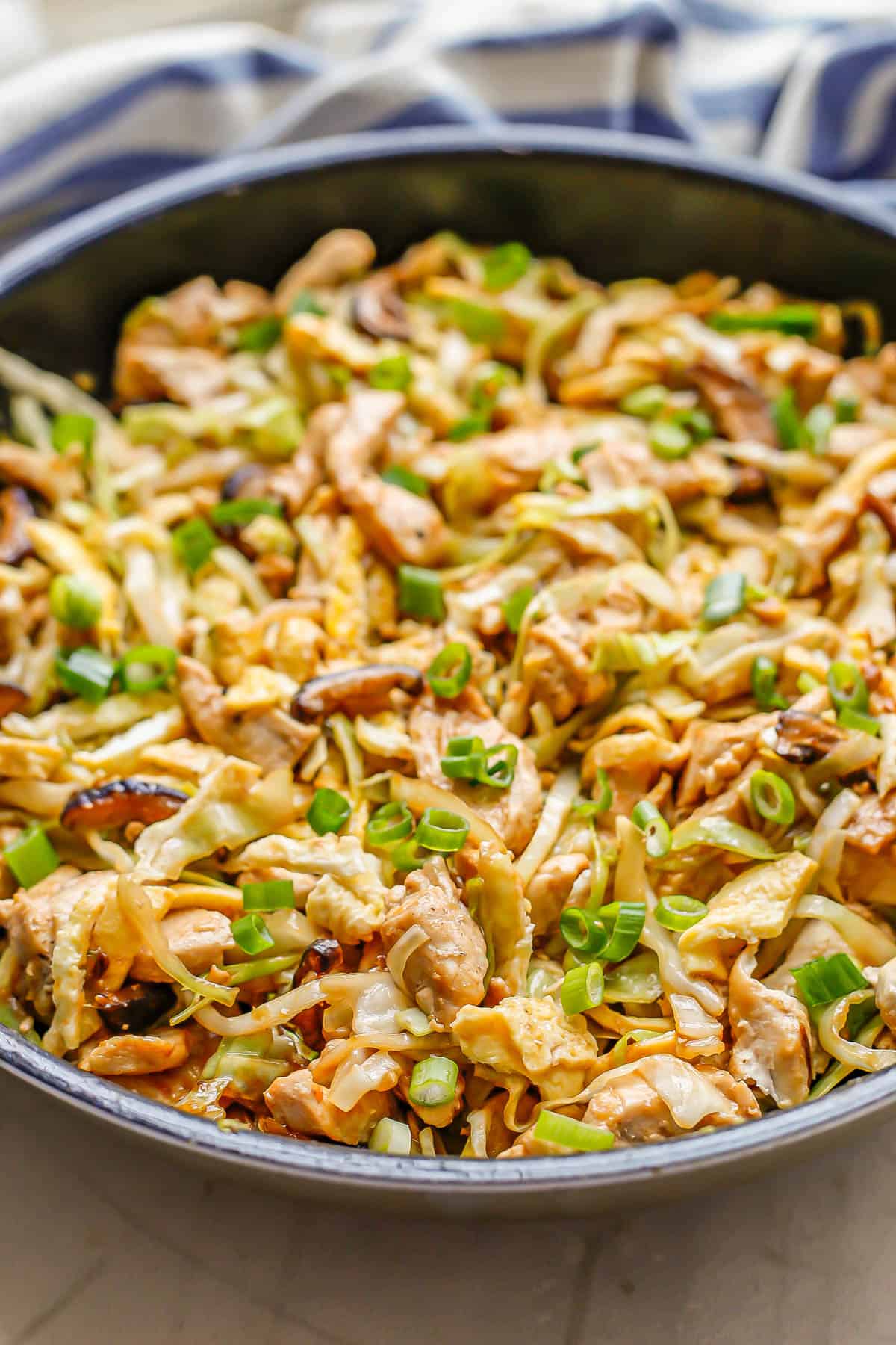 Moo shu chicken in a large skillet.