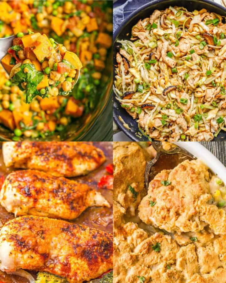 A collage of four close up views of dinner meals.