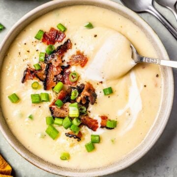 Close up of a spoon resting in a bowl of loaded potato soup with bacon and green onions on top.