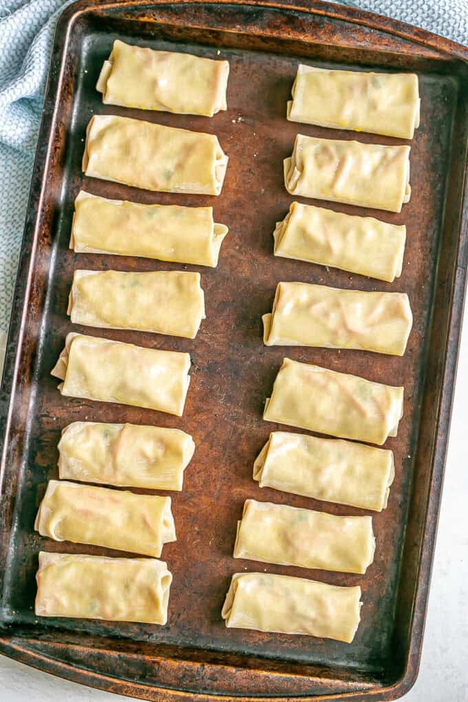 Wrapped and rolled egg rolls in two lines on a baking sheet before being cooked.