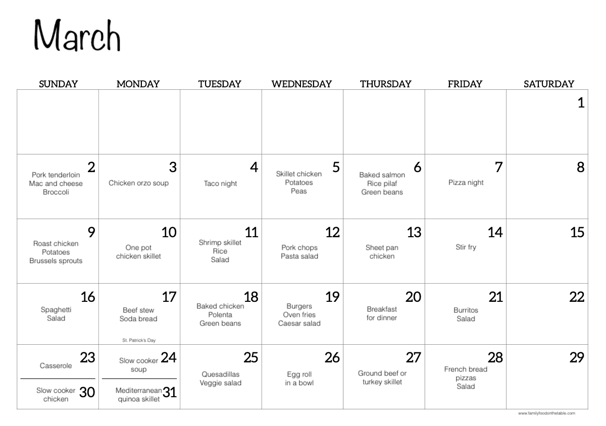 A March calendar with dinner ideas written in for each day of the month.