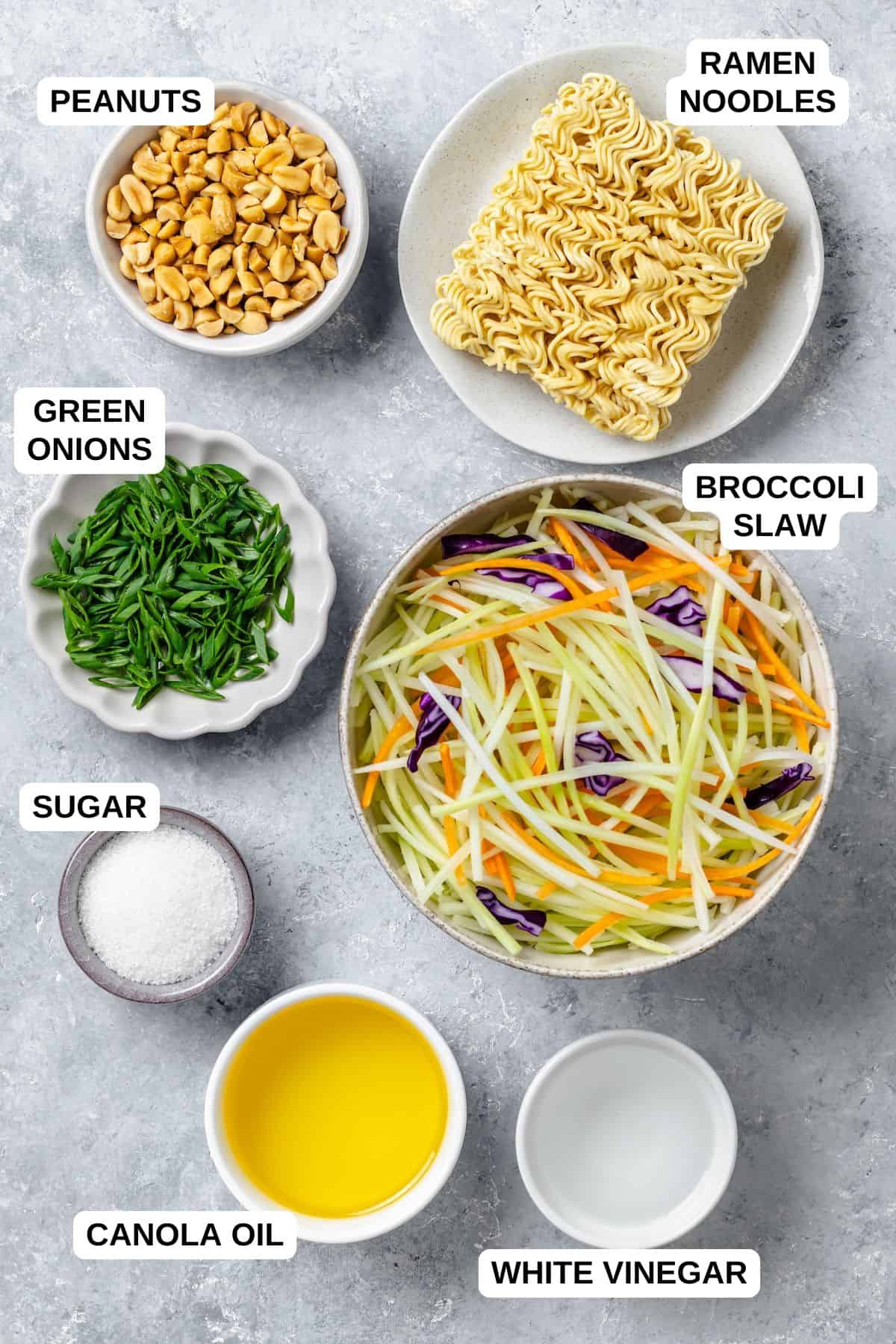 Ingredients, including broccoli slaw and ramen noodles and peanuts, laid out in separate bowls on a counter with labels beside each one.