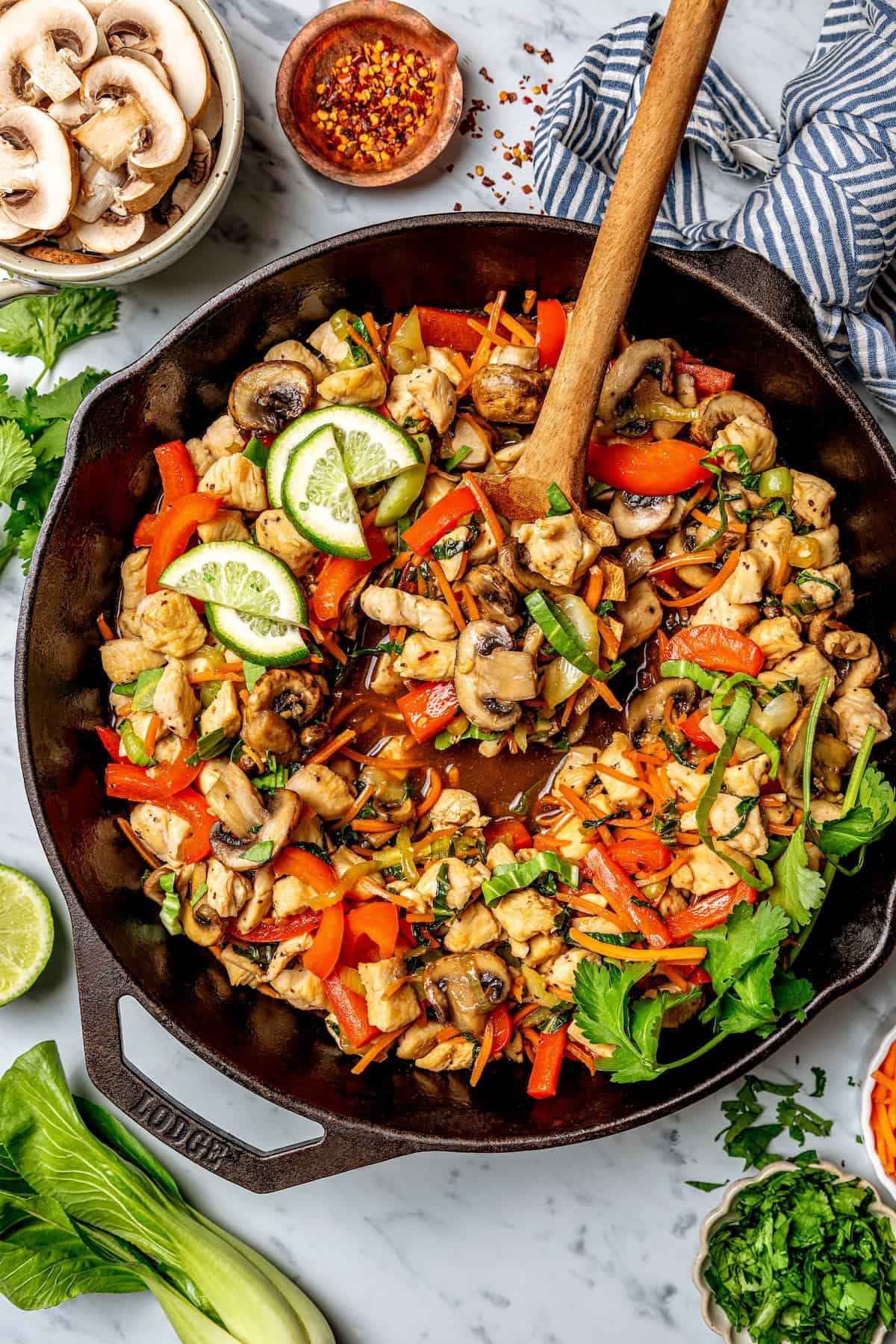 A wooden spoon resting in a chicken and veggie stir fry mix in a cast iron skillet.