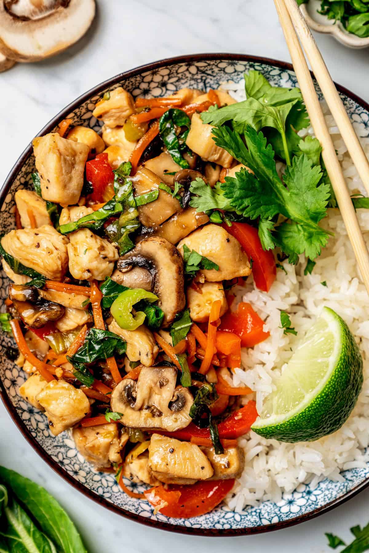 Close up of a chicken, mushroom, bok choy and pepper stir fry in a bowl with rice.