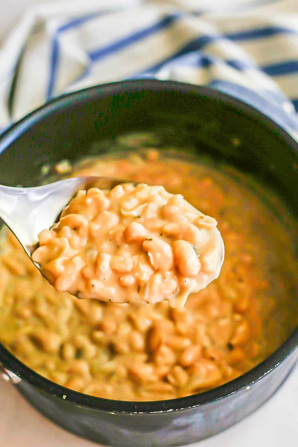 A serving spoon scooping up some creamy white beans from a large pot.