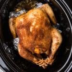A seasoned and cooked whole chicken in a crock pot with lemon slices to the side.