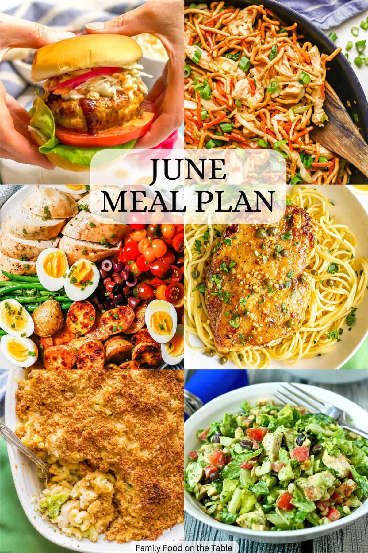 A collage of 6 summer dinner ideas, including a burger, chicken chow mein, a chicken Nicoise salad, chicken piccata, a mac and cheese casserole and a chopped salad.