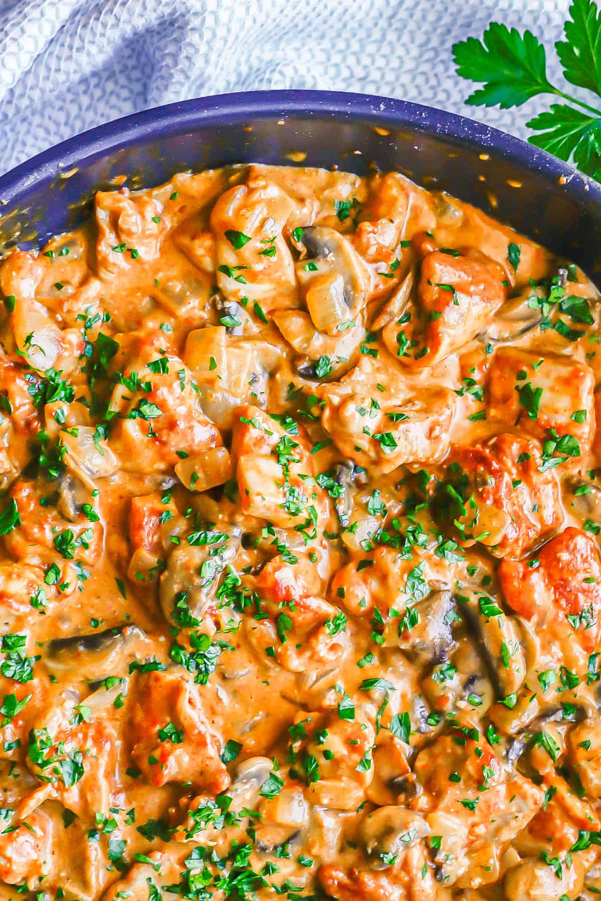Close up of a creamy paprikash chicken mixture with onions and mushrooms and chopped fresh parsley on the top.