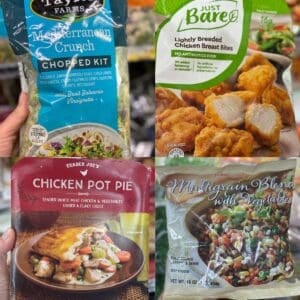 Collage of four store-bought items for easy dinners, including a bagged salad, frozen chicken bites, prepared chicken pot pie and a frozen veggie and grain blend.