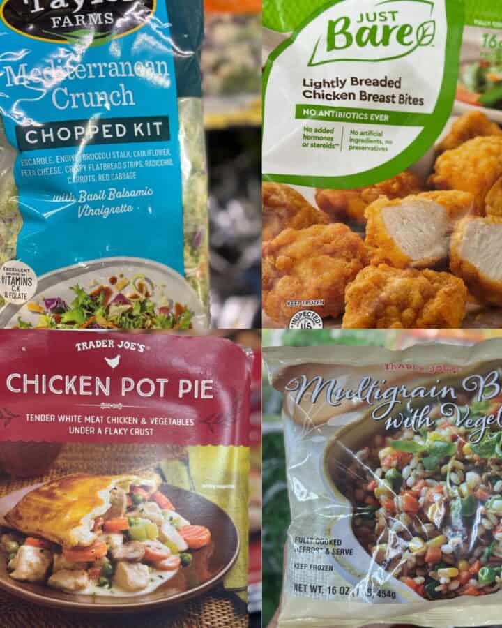 Collage of four store-bought items for easy dinners, including a bagged salad, frozen chicken bites, prepared chicken pot pie and a frozen veggie and grain blend.