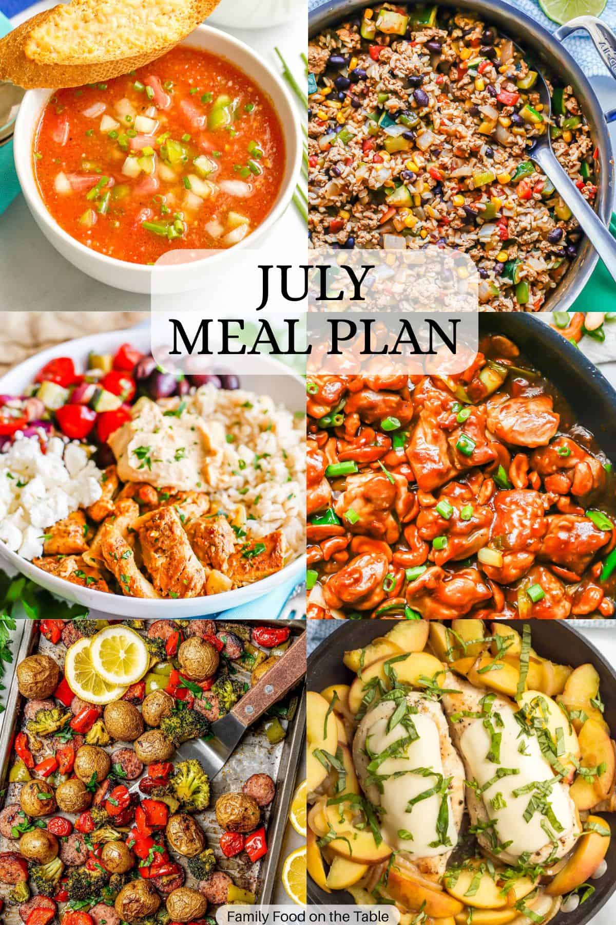 A collage of six family friendly dinner ideas with a text overlay in the middle.