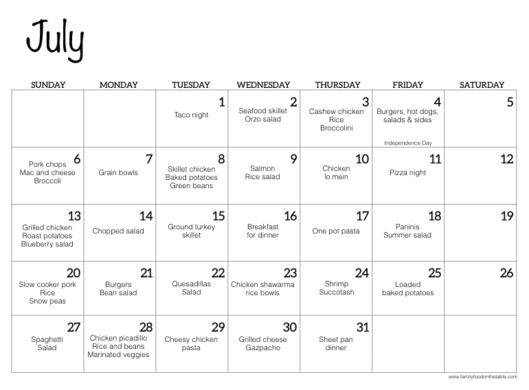 A July calendar with dinner ideas written in for each night of the week, with Saturdays blank.
