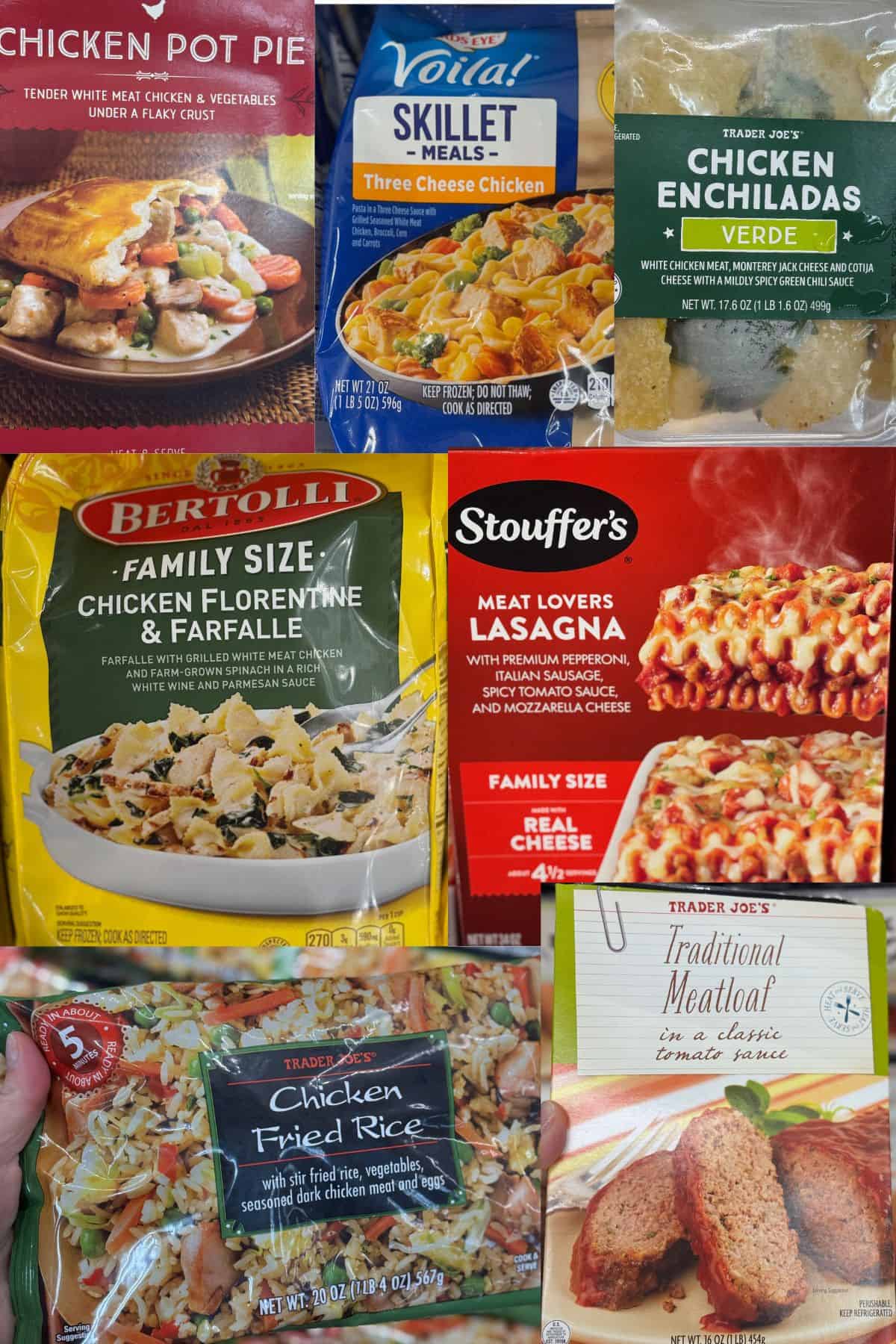 A collage of store-bought ready-made meals, including frozen lasagna, frozen chicken fried rice, premade lasagna and premade chicken enchiladas.