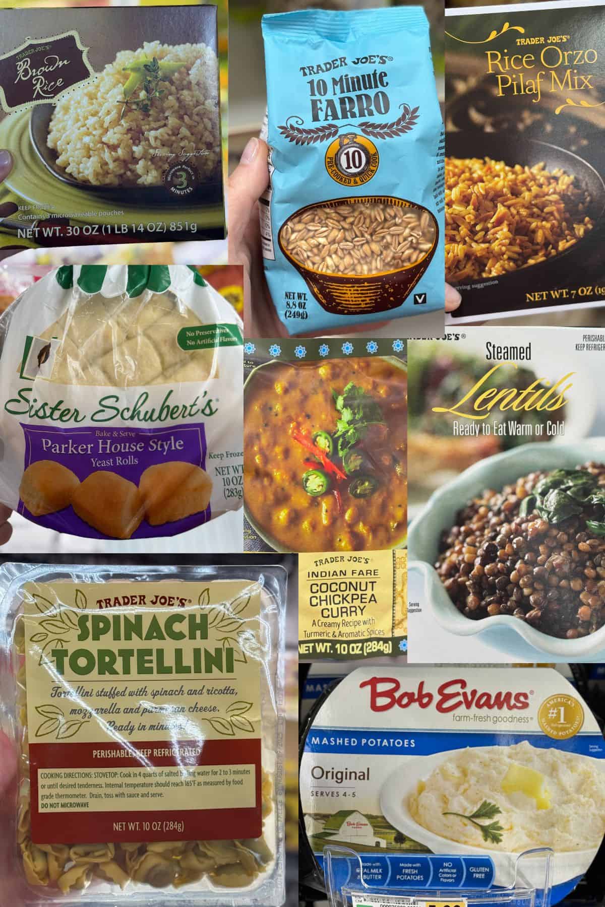 A collage of store-bought ready-made or easy to prepare carb side dishes, including brown rice, farro, frozen rolls, steamed lentils and premade mashed potatoes.