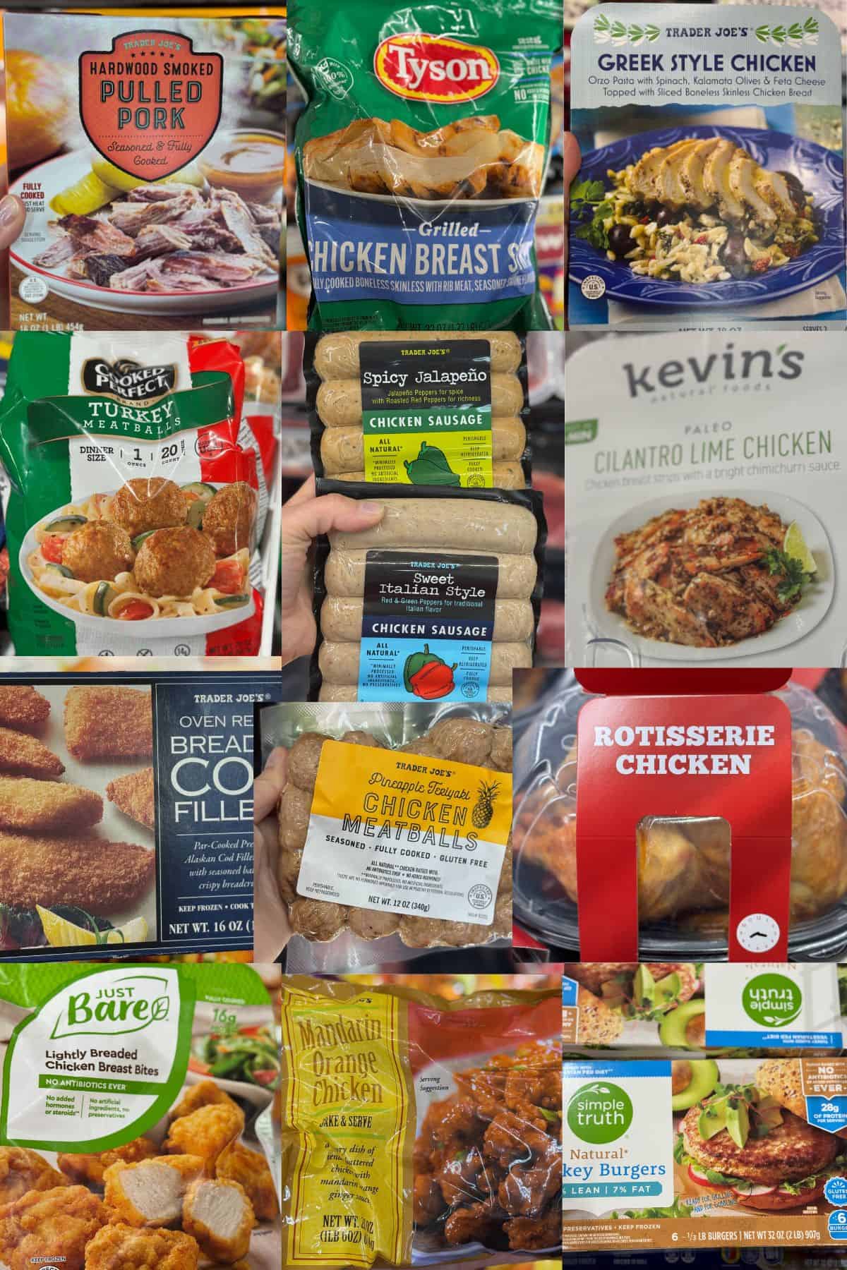 A collage of store-bought ready-made or easy prep proteins, including pulled pork, turkey meatballs, chicken sausages, frozen fish, rotisserie chicken and pre made burgers.