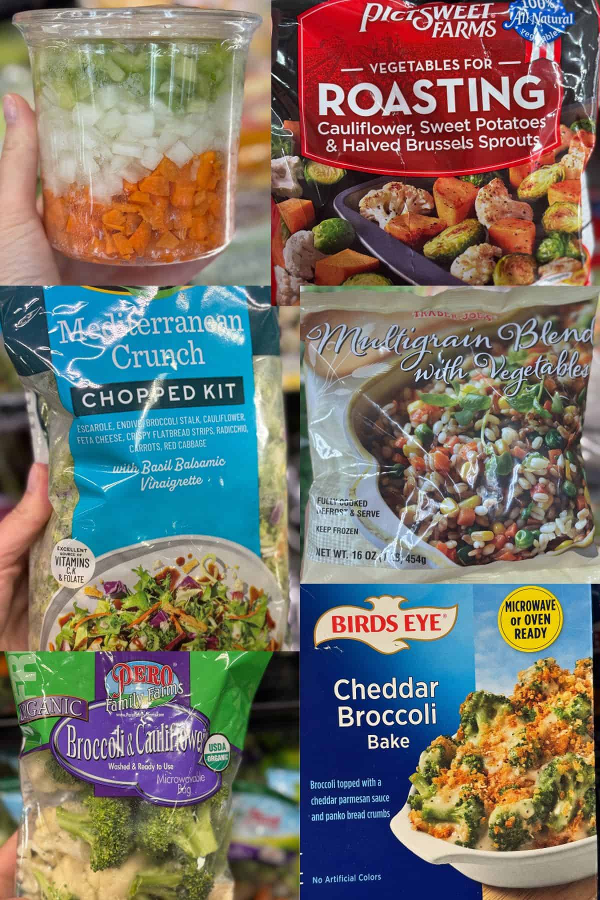 A collage of store-bought ready-made or pre prepped vegetables, including frozen roasting vegetables, a bagged salad kit, steam in the bag veggies and frozen veggie blends.