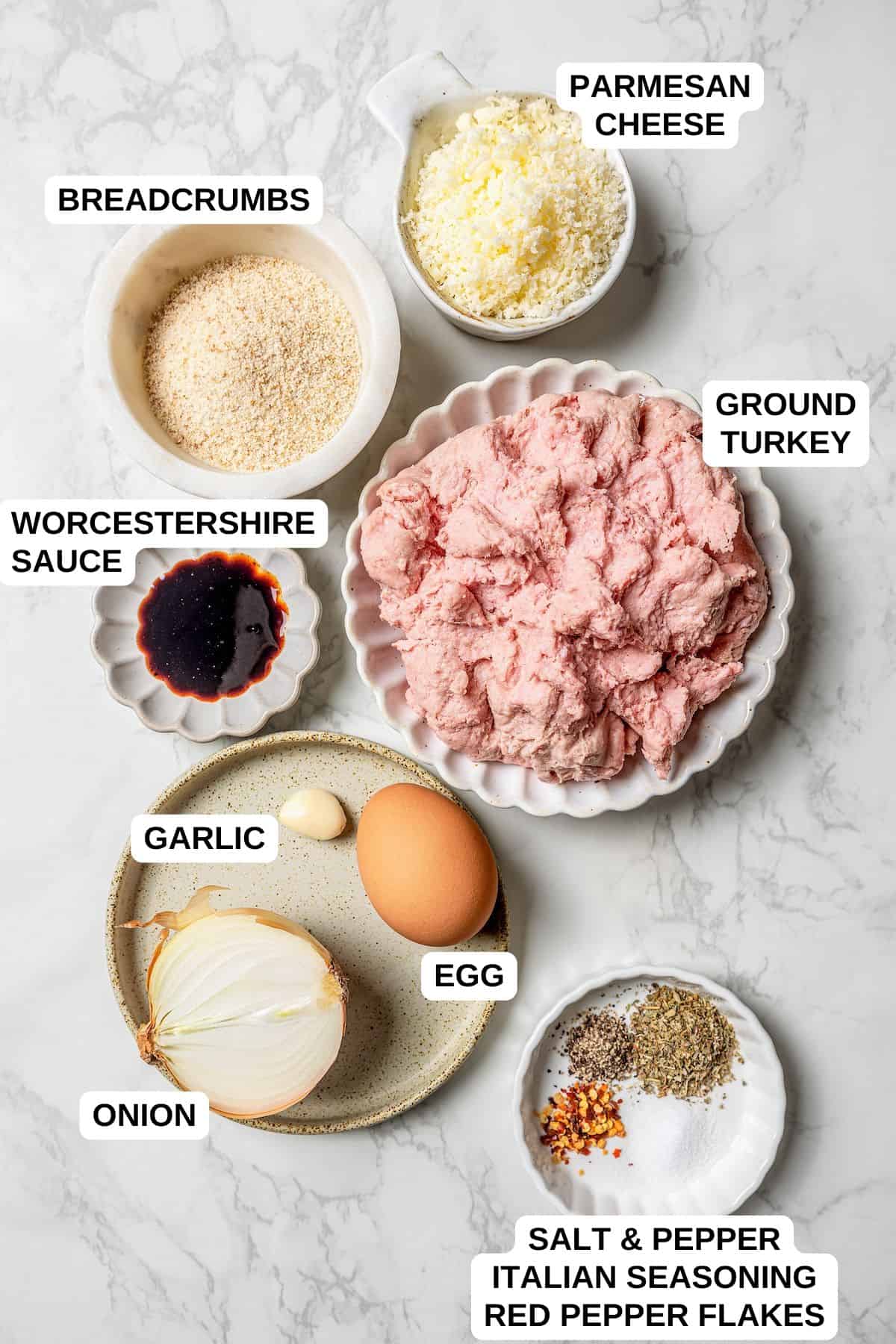 Ingredients laid out in separate containers for making a ground turkey meatballs recipe.