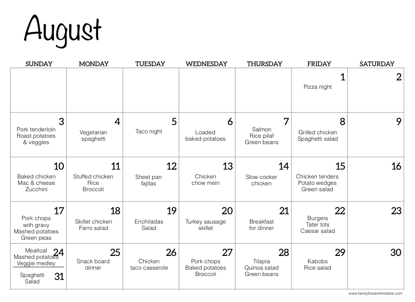 An August calendar with dinner ideas written in for each night of the month, with Saturdays blank.