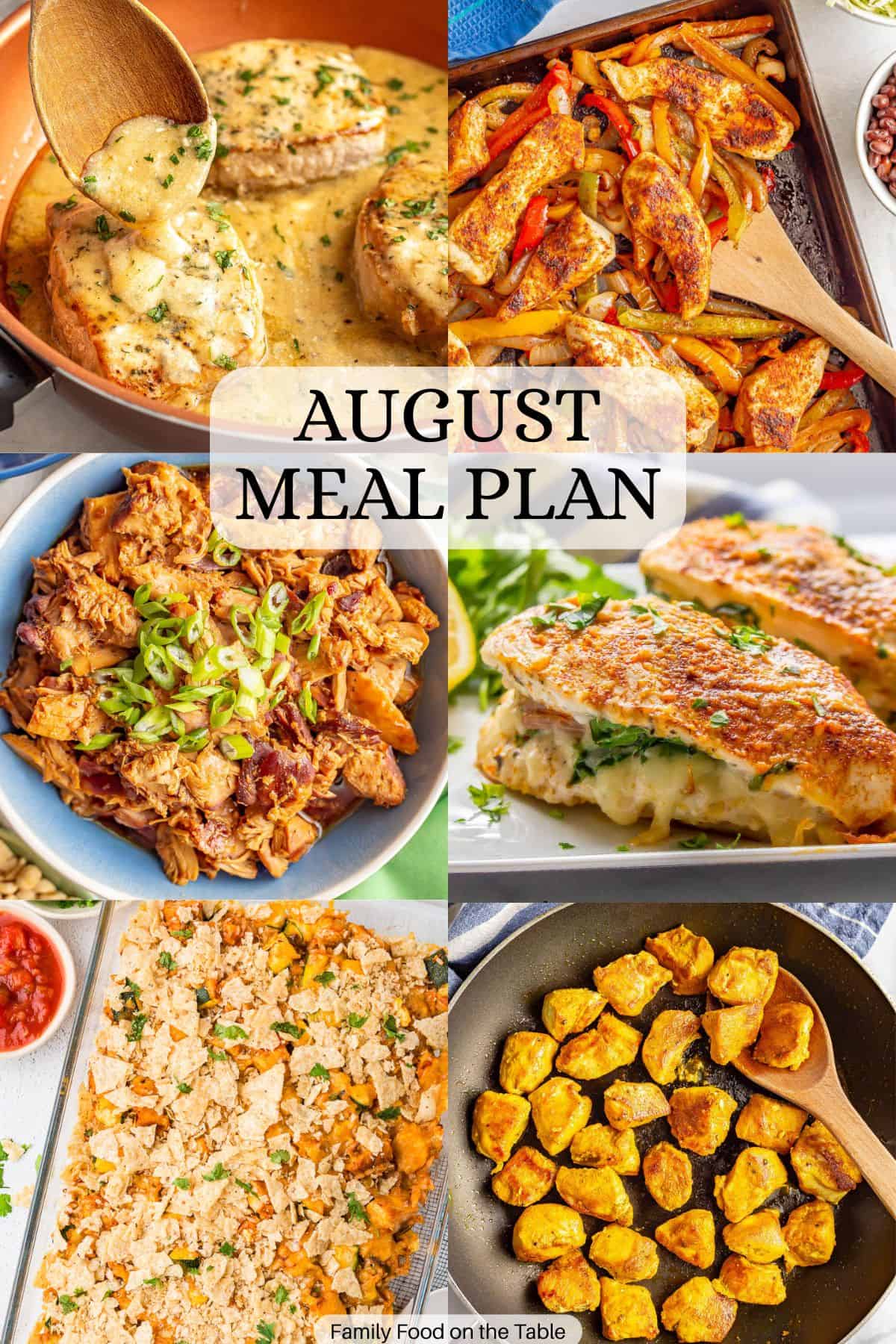 A collage of six different family dinner recipe ideas with a text overlay reading August meal plan.