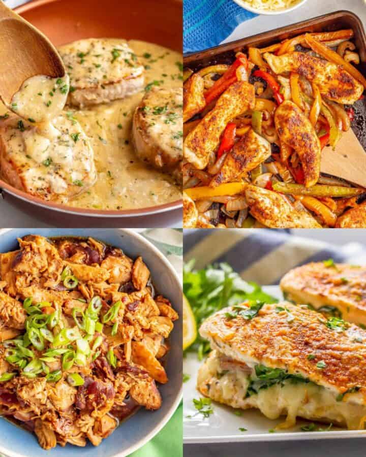A collage of four different family dinner recipe ideas.