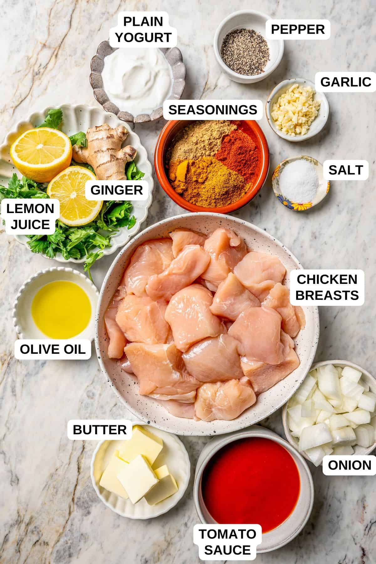 Ingredients laid out in separate containers for making a chicken recipe, including yogurt, seasonings, onion and tomato sauce.