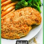 A Ranch seasoned and breadcrumb coated baked chicken breast on a white plate with sweet potato fries and broccoli with a border and text around the photo.