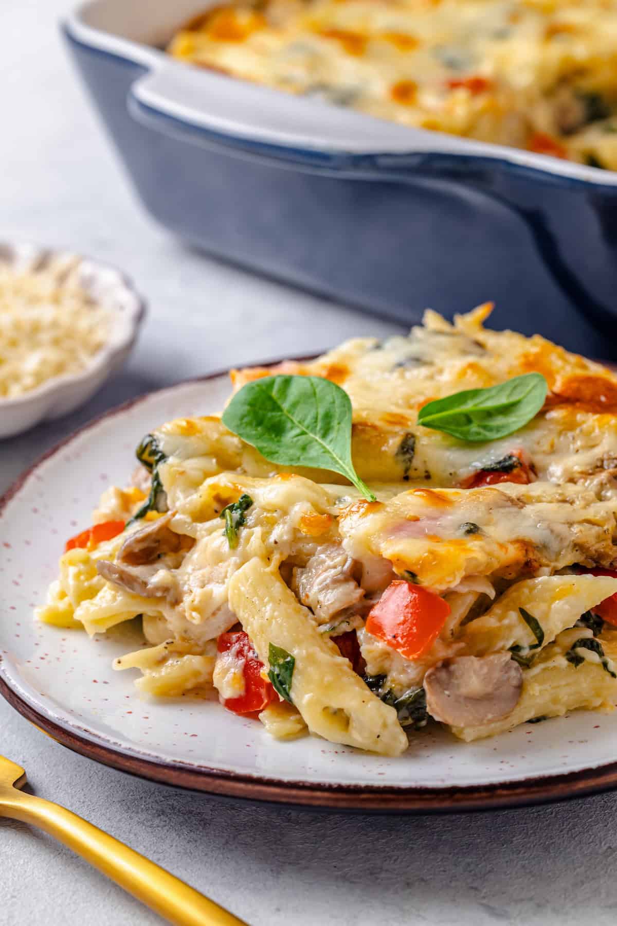 A serving of a cheesy chicken and pasta casserole on a dinner plate.