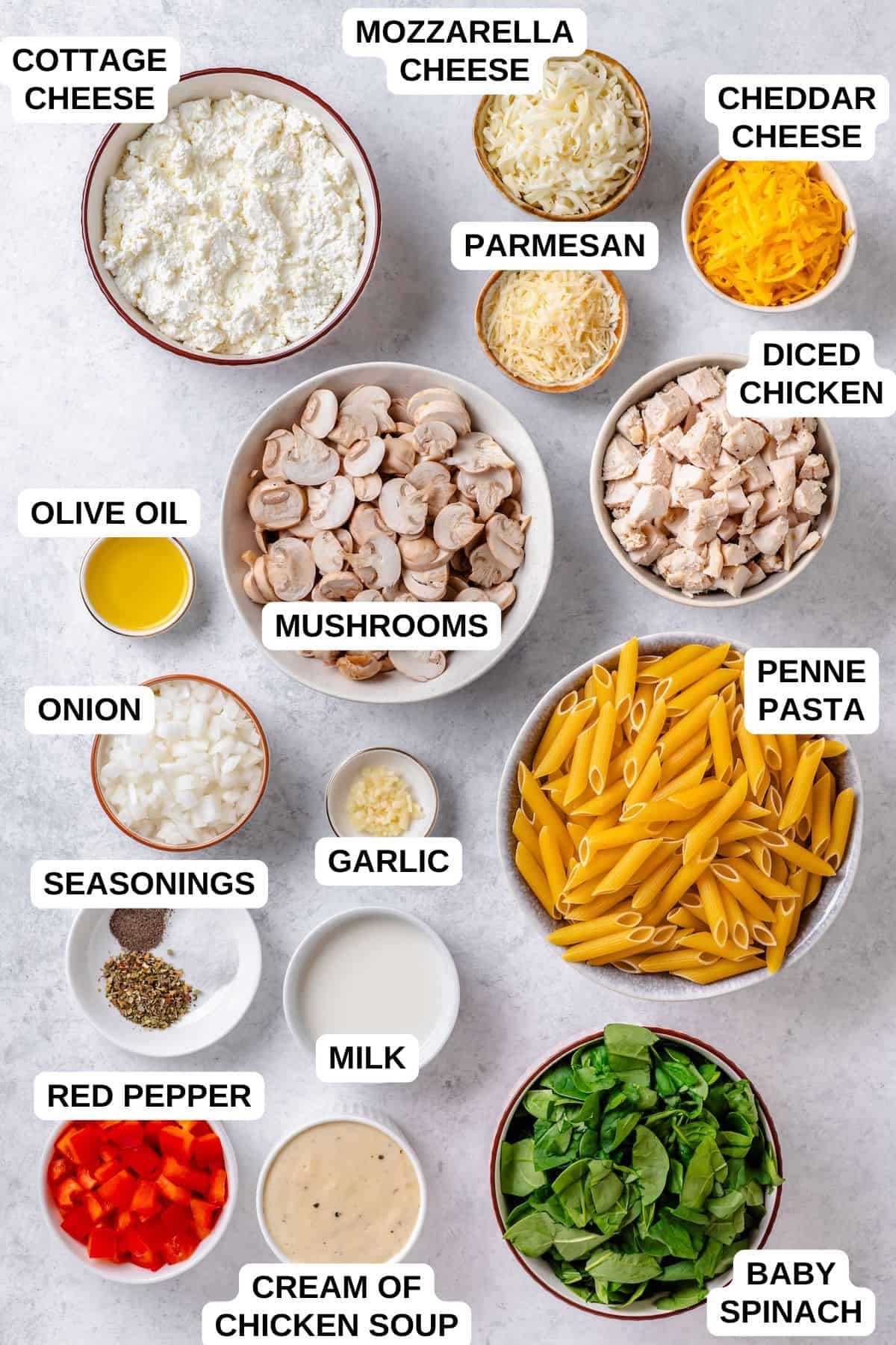 Ingredients laid out in separate bowls for making a chicken and pasta dish with spinach, red pepper, mushrooms and cheese.