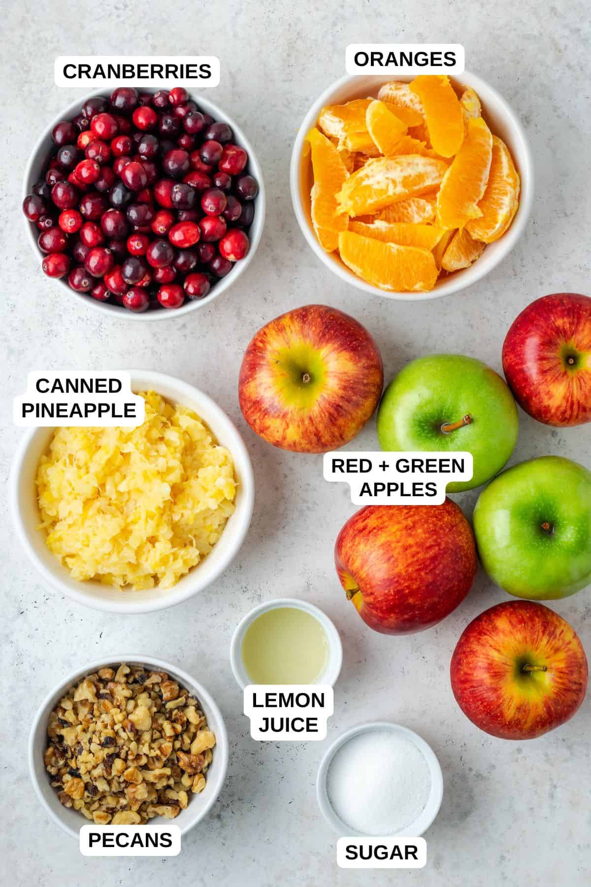 Ingredients laid out in separate containers for making a cranberry apple fruit salad.