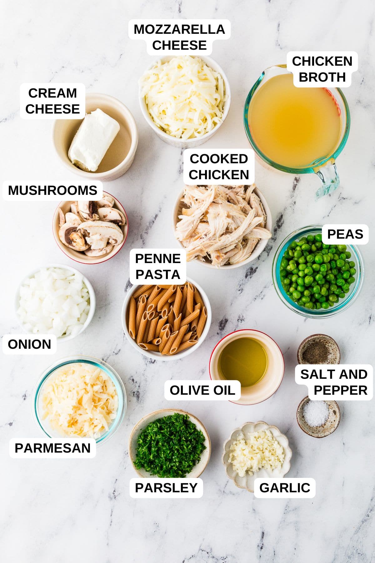 Ingredients laid out in separate containers for making a one pot chicken pasta recipe with mushrooms and peas.