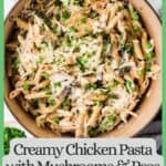 A large red pot with a one pasta pasta with chicken, mushrooms, peas and cheese with a border and a text overlay around the photo.