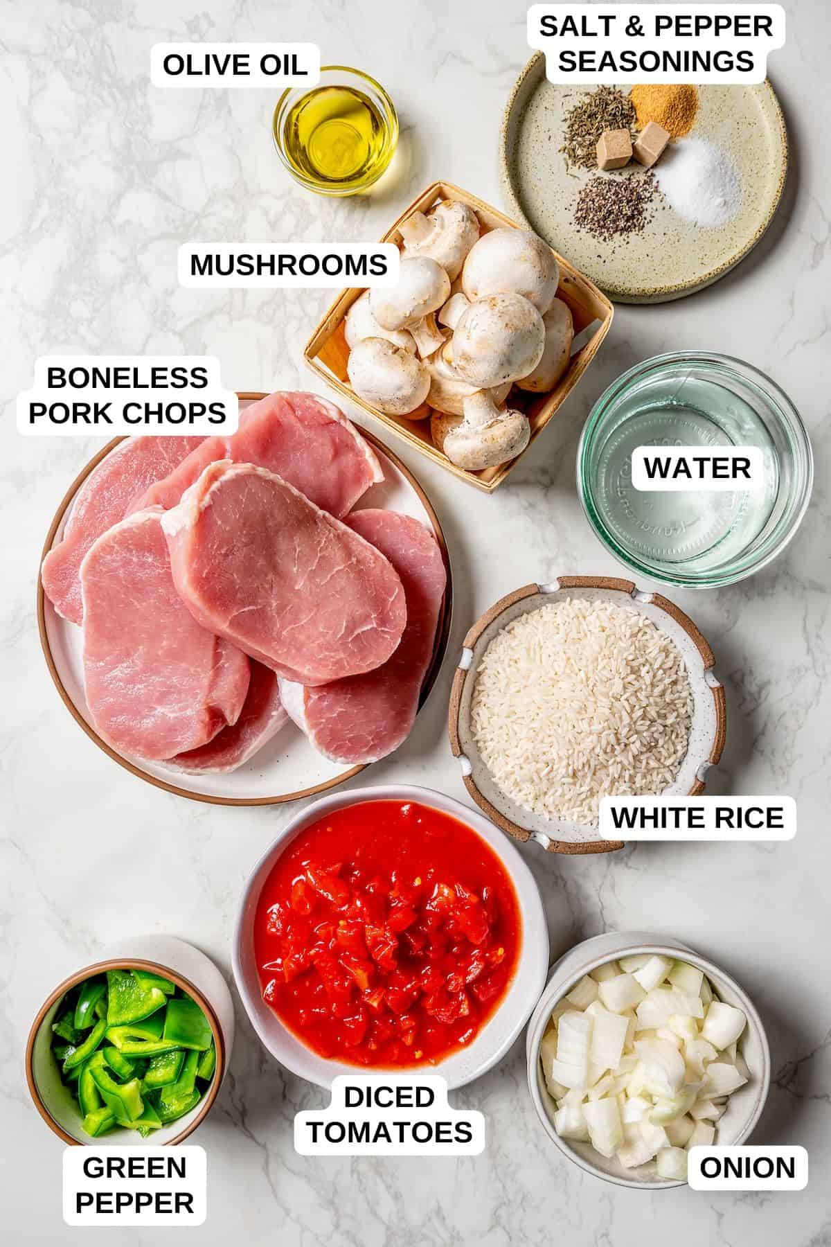 Ingredients laid out in separate containers for making a pork chop and recipe casserole recipe.