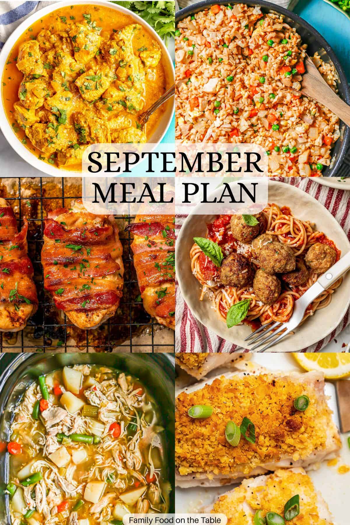 A collage of six different family dinner recipe ideas with a text overlay reading September meal plan.