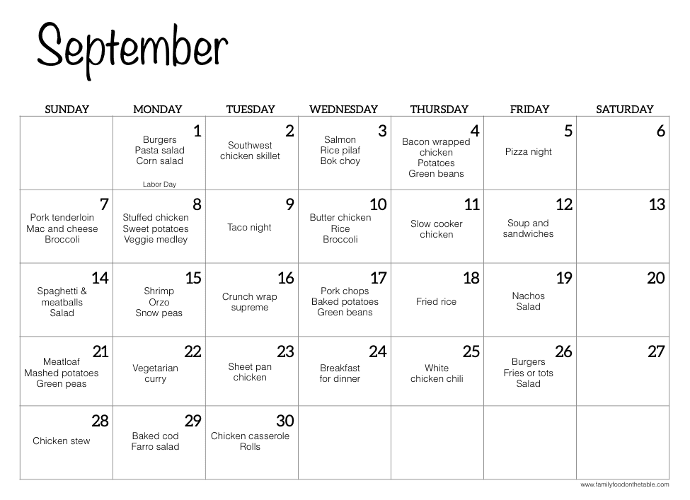 A September calendar with dinner ideas written in for each day of the week.