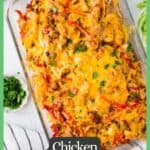 A baked cheesy chicken fajita casserole in a glass baking dish with bowls of salsa, sour cream and cilantro nearby as toppings with a green border and text around the photo.