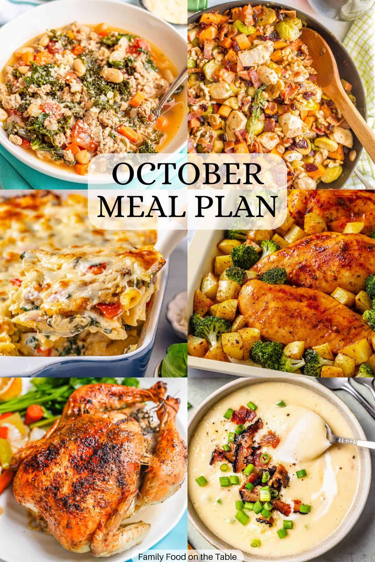 A collage of six dinner ideas for October, with a text overlay in the middle.