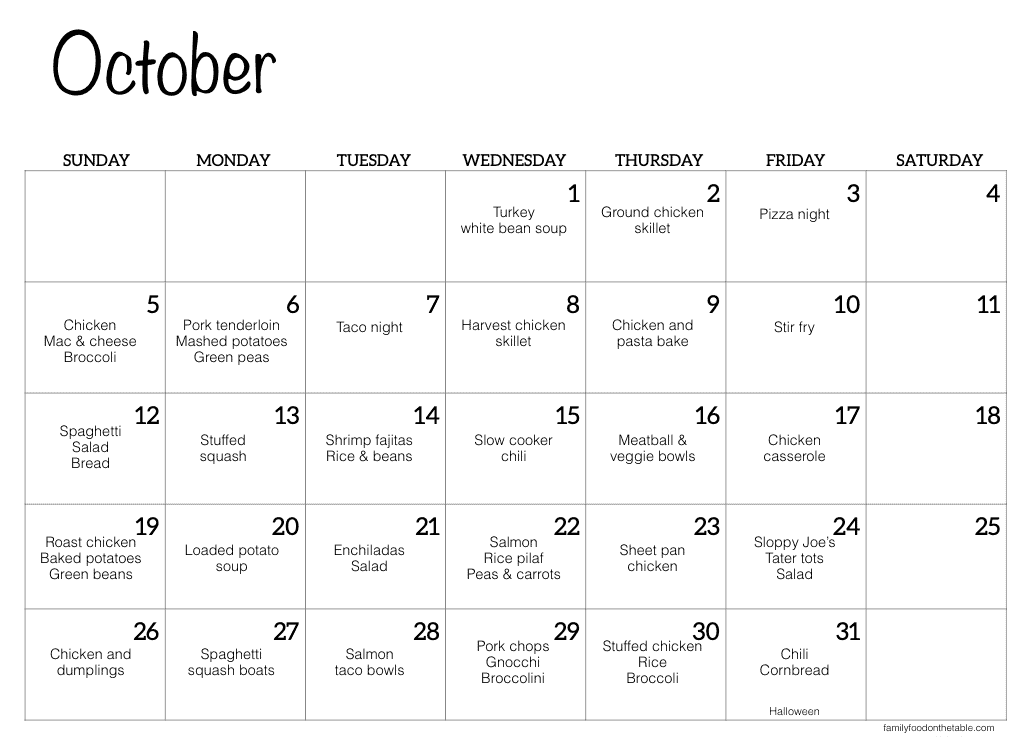 An October calendar with dinner menu ideas written in for each day of the week, with Saturdays blank.