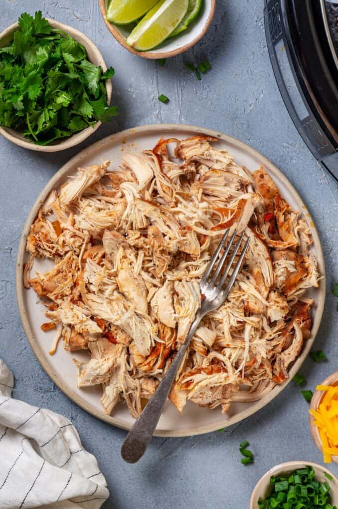A plate of shredded cooked chicken with a fork resting on it beside a slow cooker.