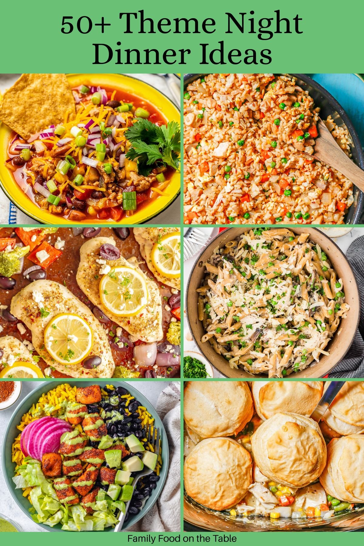 A collage of six different family dinner ideas with a border and a theme night dinner ideas text on the top.