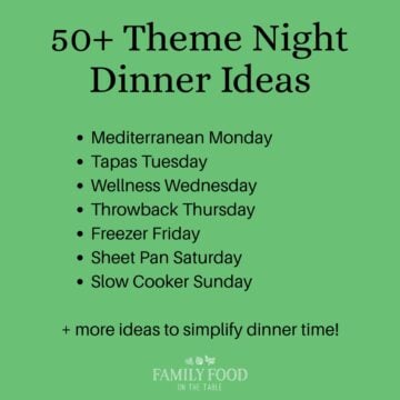 A green square box with text for theme night dinner ideas for different days of the week.