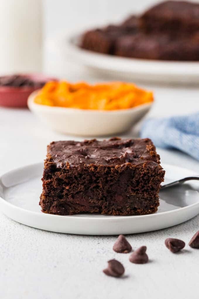 A piece of healthy chocolate cake with pumpkin on a white plate with a bowl of pumpkin puree in the background.