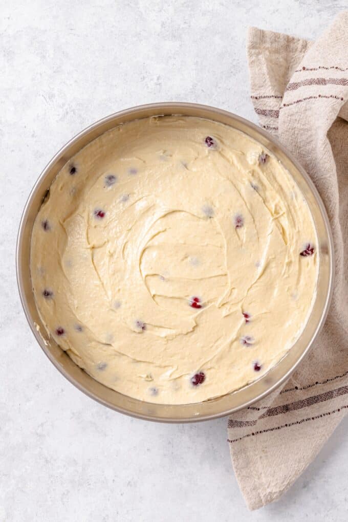 Cake batter with fresh cranberries in a round cake pan.