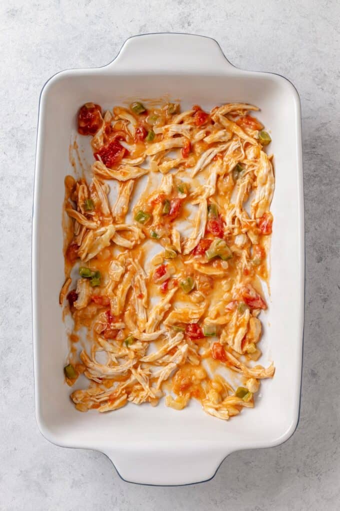 A rectangular white casserole dish with a layer of shredded chicken with tomatoes and peppers spread across the bottom.